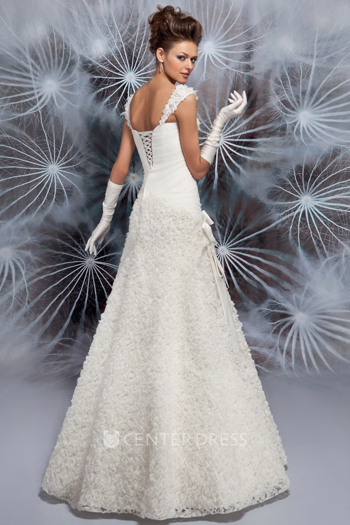 A-Line Ruffled Queen-Anne Floor-Length Wedding Dress With Criss Cross And Bow