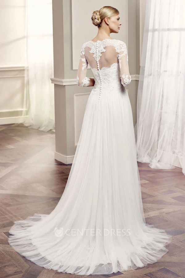 Bateau Floor-Length Beaded Half Sleeve Tulle Wedding Dress