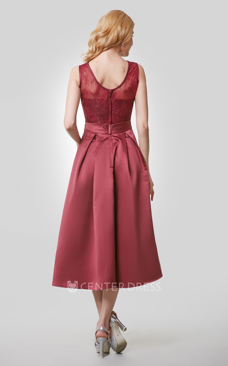 Tea Length A Line Satin Dress With Lace Bodice and Scoop Neck UCenter Dress