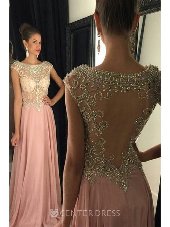 A-Line Princess Sleeveless Scoop Beading Chiffon Sweep Brush Train Dresses