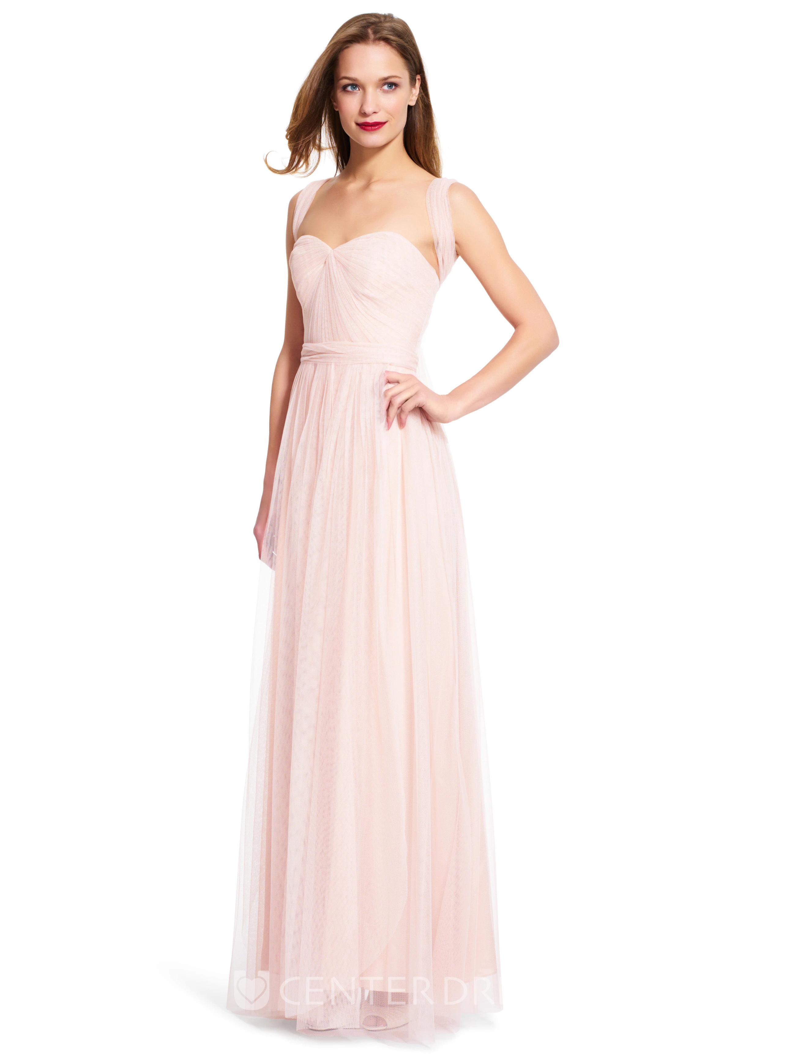 Sheath Strapped Maxi Sleeveless Tulle Bridesmaid Dress With Ruching And Zipper