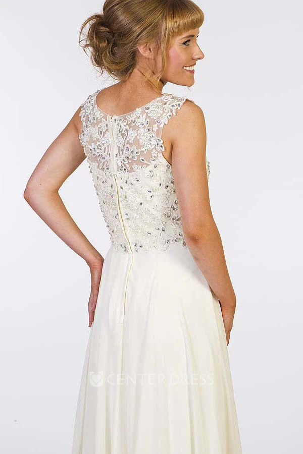 A-Line Sleeveless Appliqued Scoop Floor-Length Chiffon Prom Dress With Illusion Back And Beading
