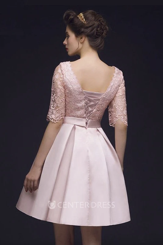 Adorable Lace Corset Back Half Sleeve Knee Length Dress With Bow