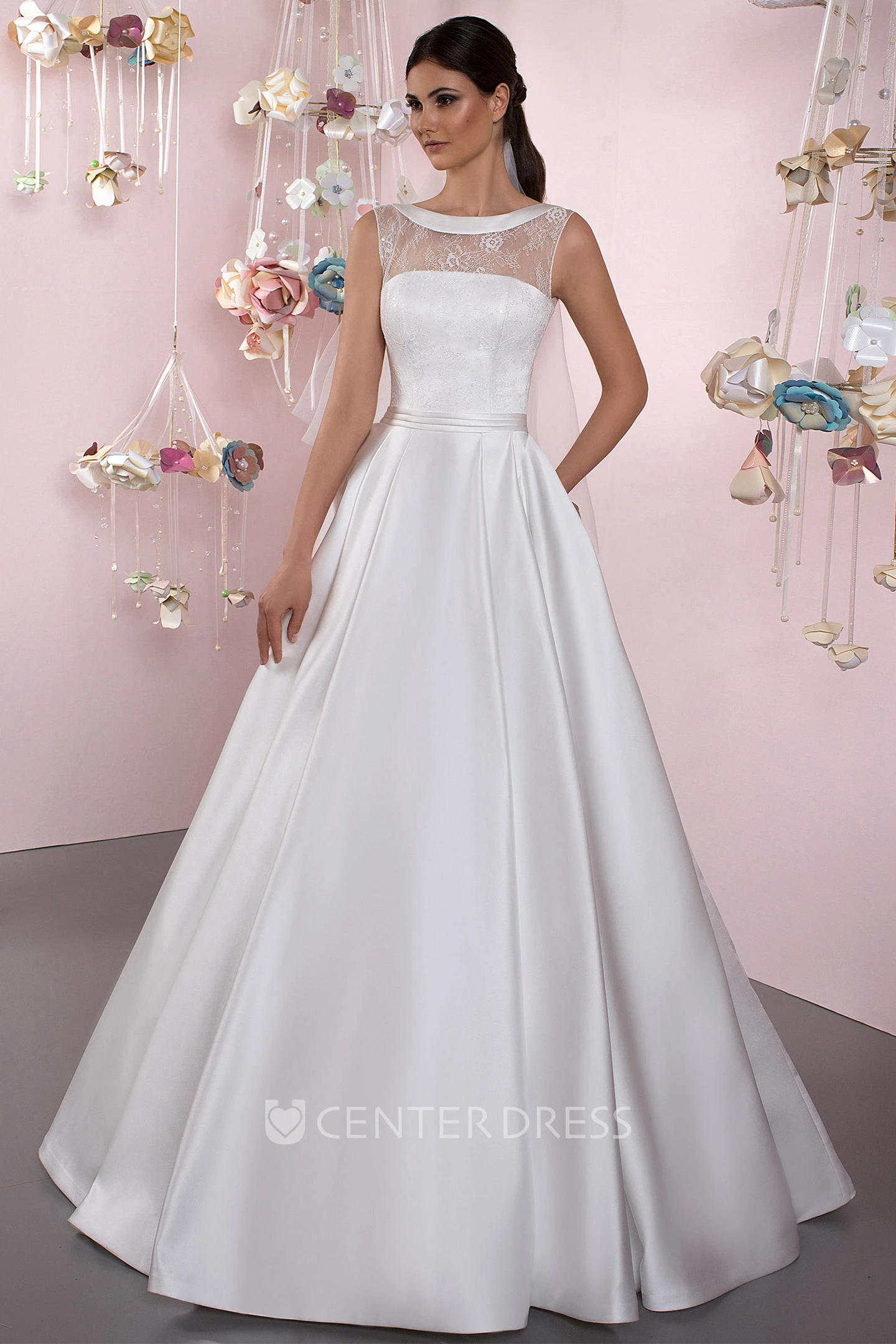 A-Line Lace Sleeveless Scoop Floor-Length Satin Wedding Dress With Lace-Up Back And Bow