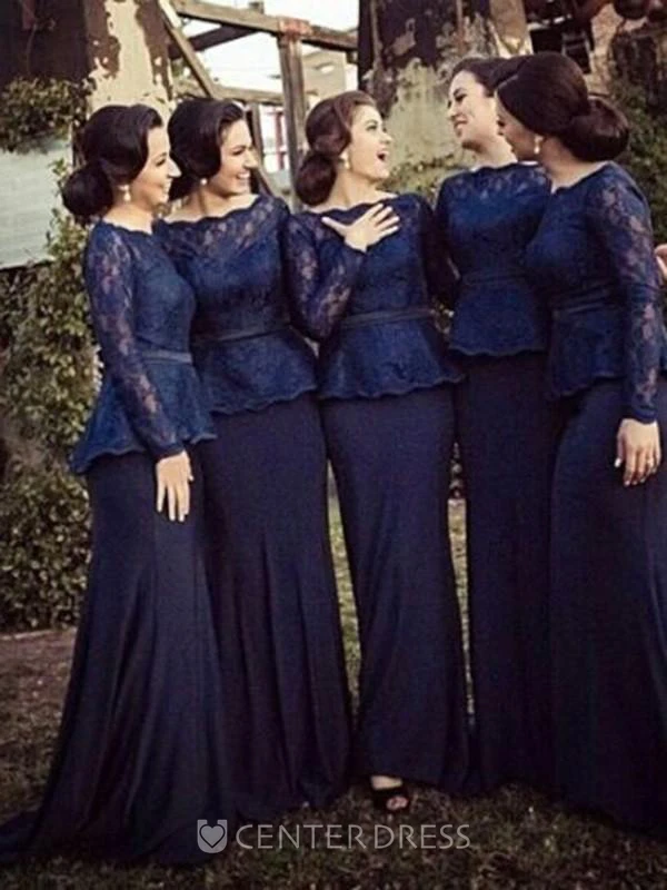 Sheath Bateau Long Sleeves Sweep Train Lace Chiffon Bridesmaid Dresses