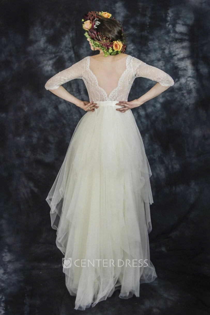 Vintage Tulle Lace V-Neck Half Sleeve Dress With Bow Draping