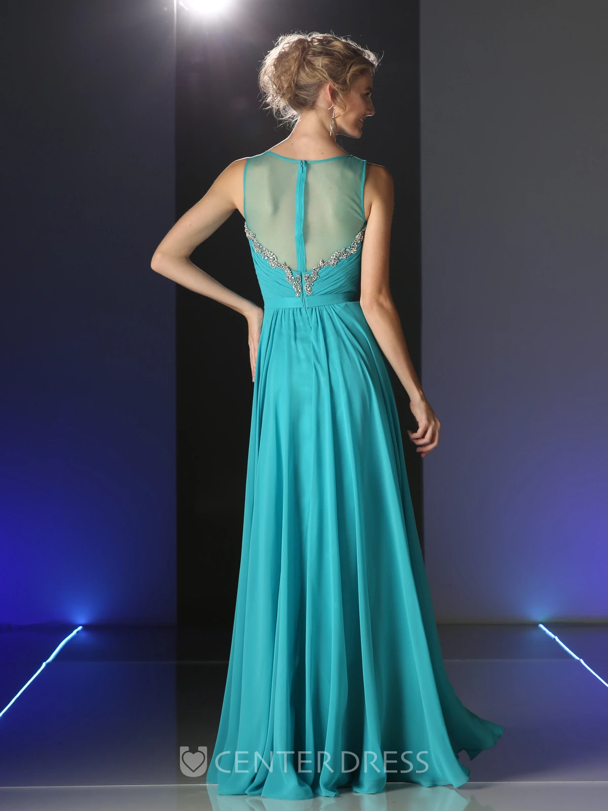 A-Line Long Scoop-Neck Sleeveless Chiffon Illusion Dress With Ruching And Beading