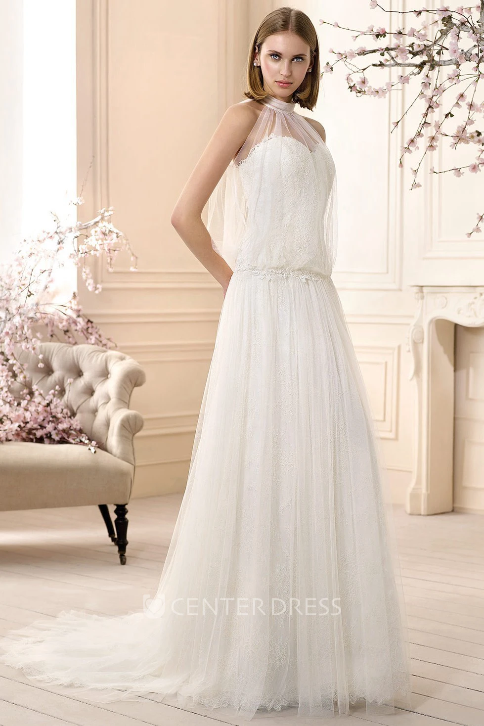 A-Line Sleeveless Long High-Neck Lace Tulle Wedding Dress