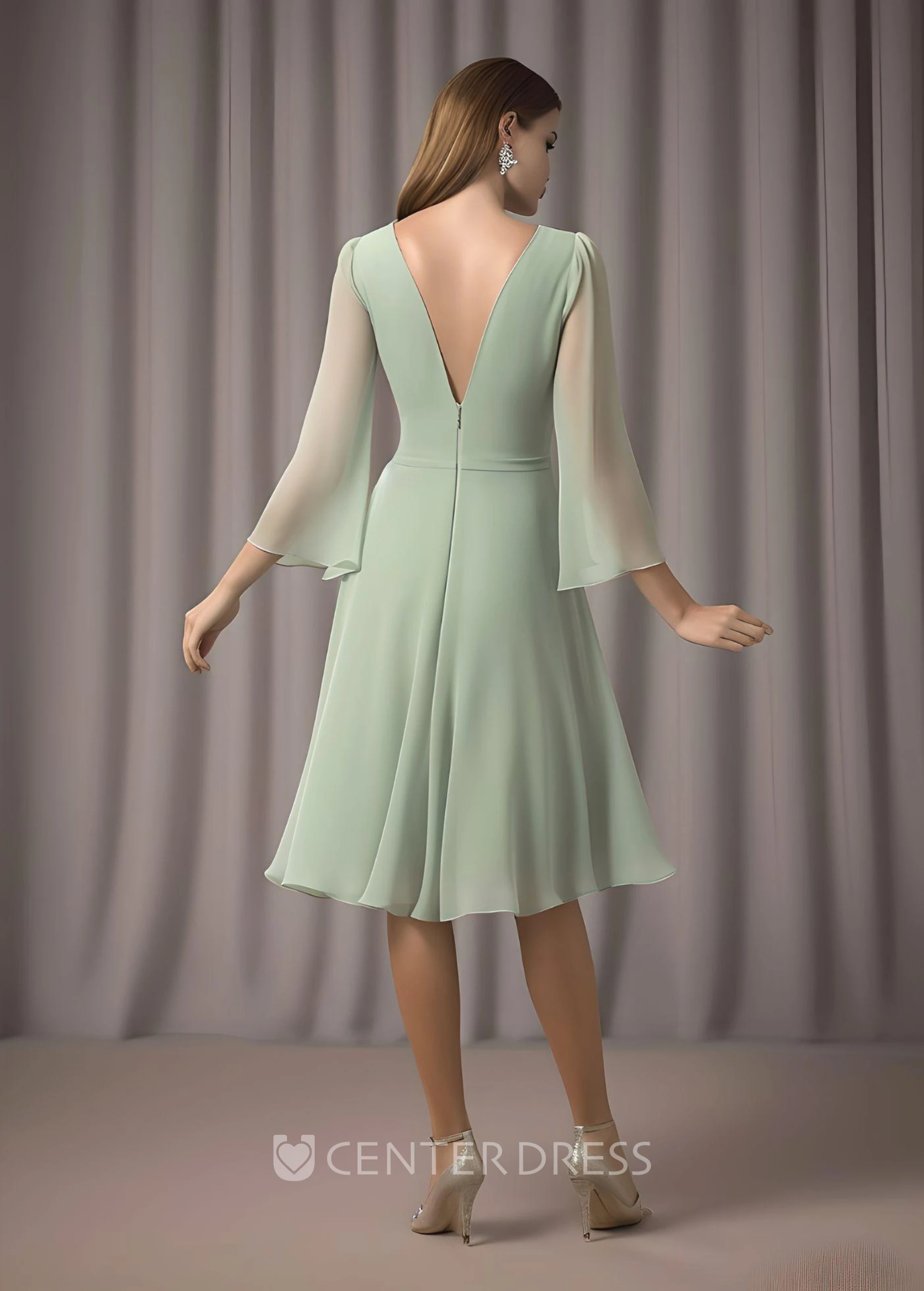 A-Line Chiffon Mother of the Bride Dress Elegant Casual Knee-length Illusion Sleeve
