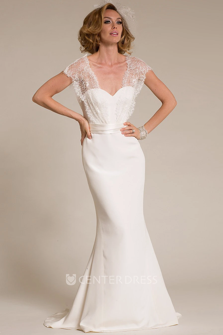 Maxi V-Neck Cap-Sleeve Lace Chiffon Wedding Dress With Sweep Train And V Back