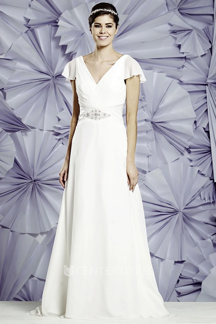 Floor-Length Ruched Poet-Sleeve V-Neck Chiffon Wedding Dress With Waist Jewellery