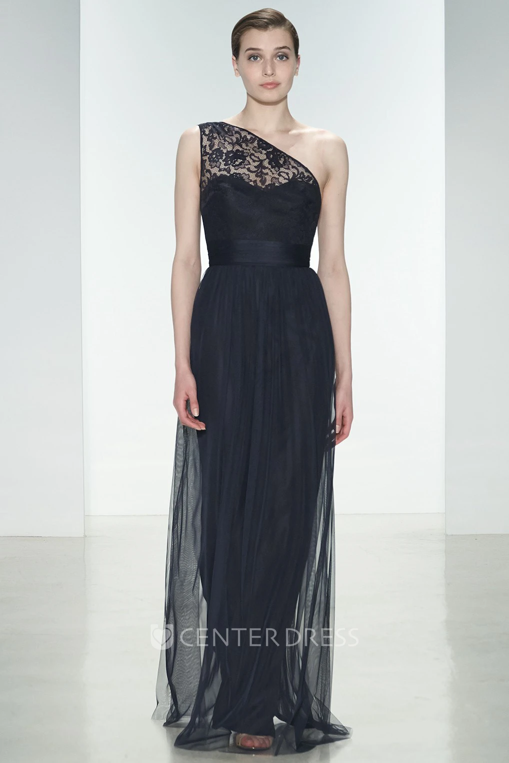 Sheath Long One-Shoulder Sleeveless Pleated Chiffon&Lace Bridesmaid Dress