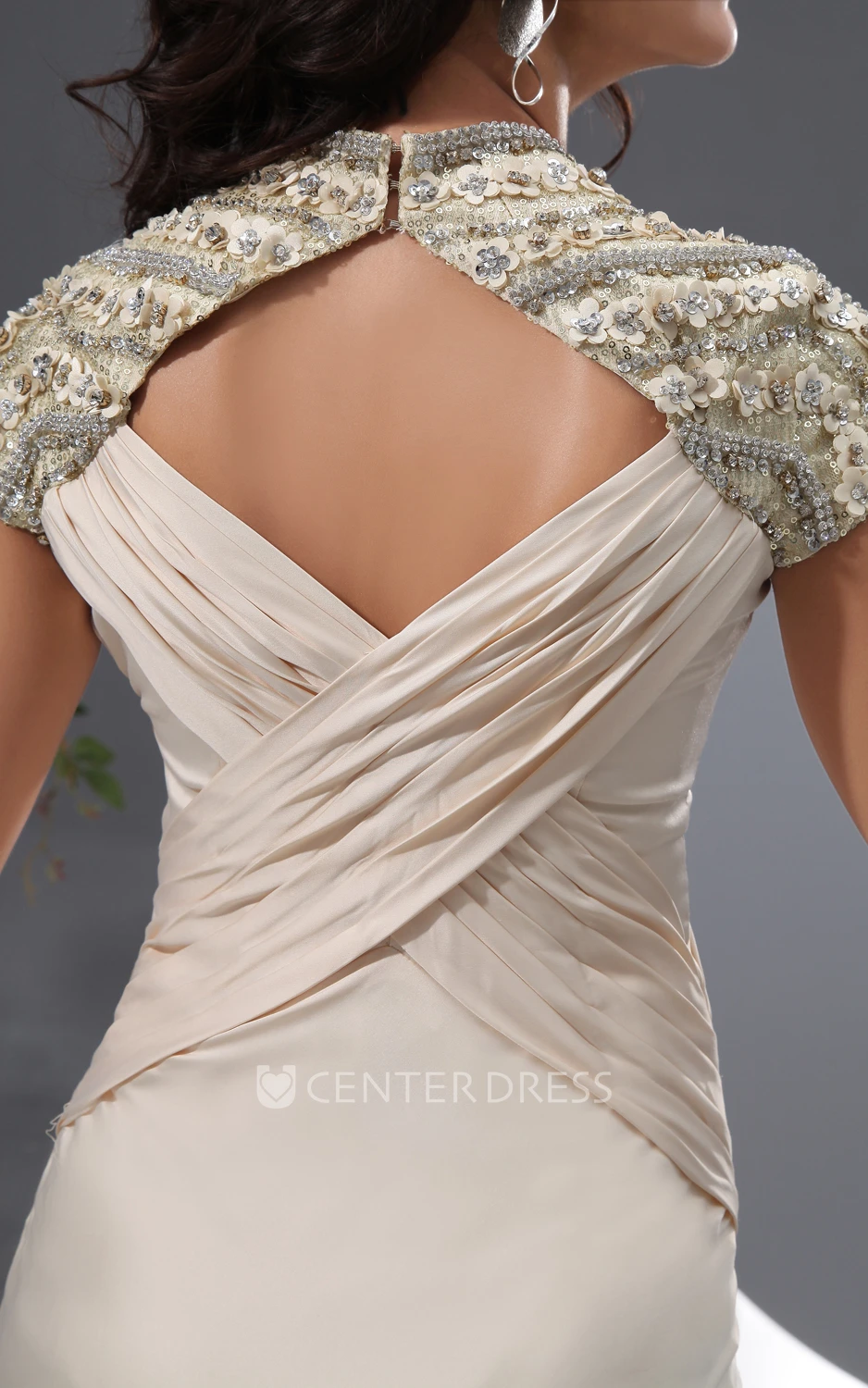 Graceful Queen Anne Evening Gown With Cap-Sleeves Beading