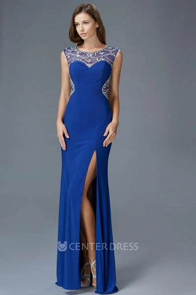Sheath Scoop-Neck Sleeveless Jersey Illusion Dress With Beading And Split Front
