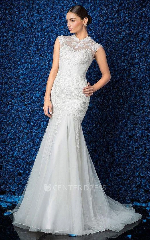 Elegant High-Neck Cap Sleeve Mermaid Lace and Tulle Wedding Dress