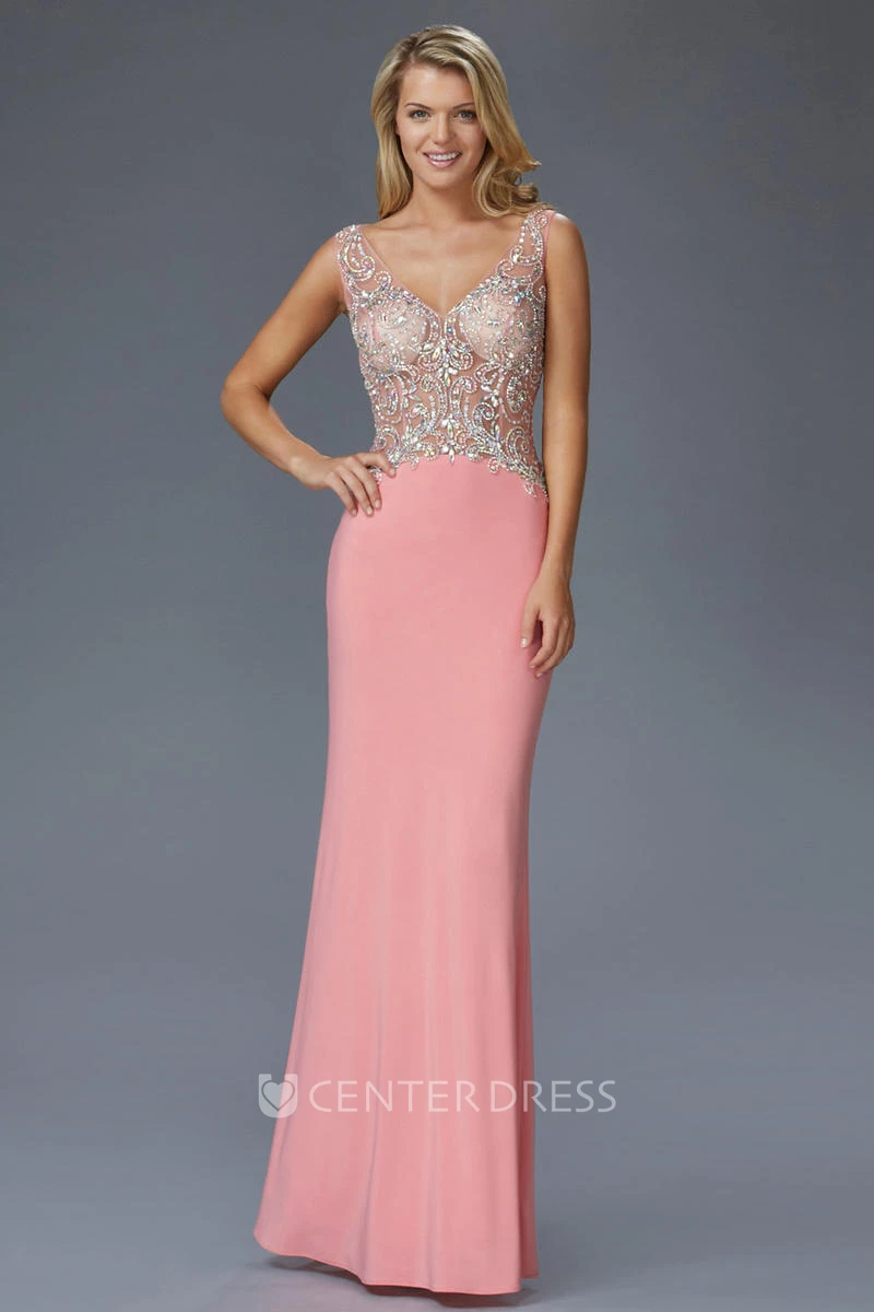 Sheath Long V-Neck Sleeveless Jersey Keyhole Dress With Beading