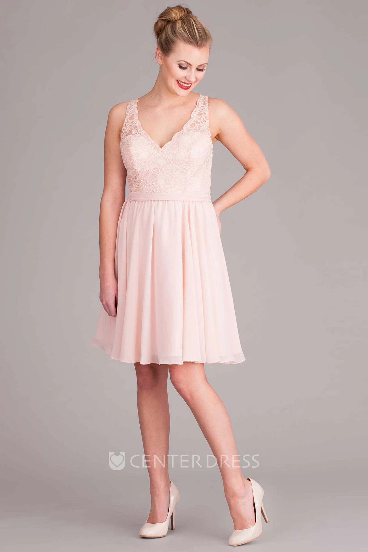 Mini V-Neck Lace Sleeveless Chiffon Bridesmaid Dress With Pleats