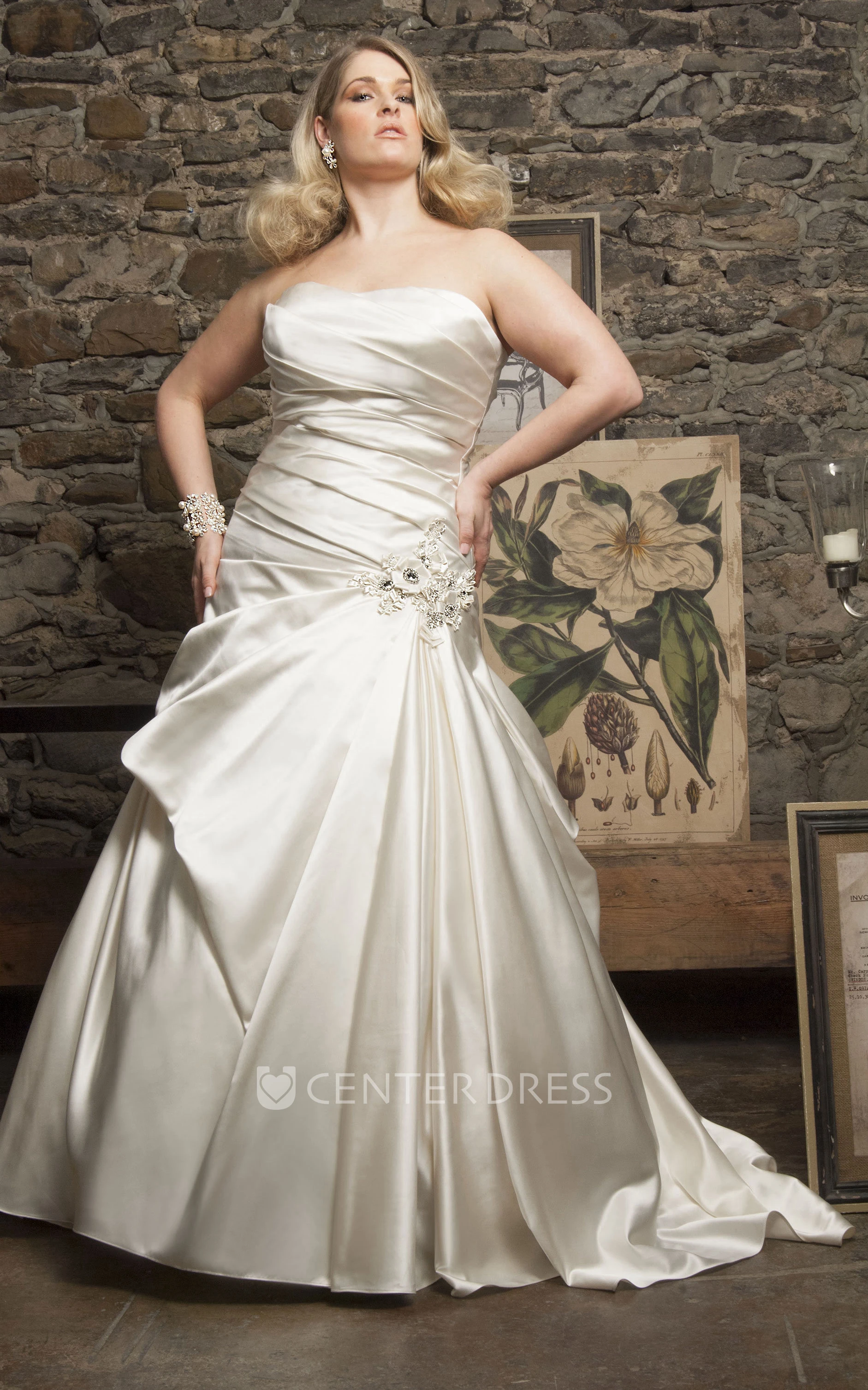 Champagne Satin Ruched Mermaid Gown With Floral Embellishment