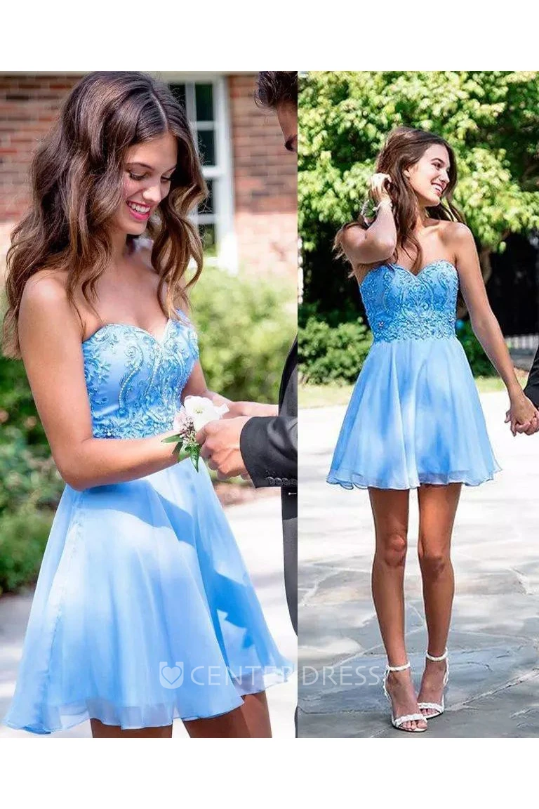 A-line Sweetheart Sleeveless Beading Lace Pleats Short Mini Chiffon Homecoming Dress
