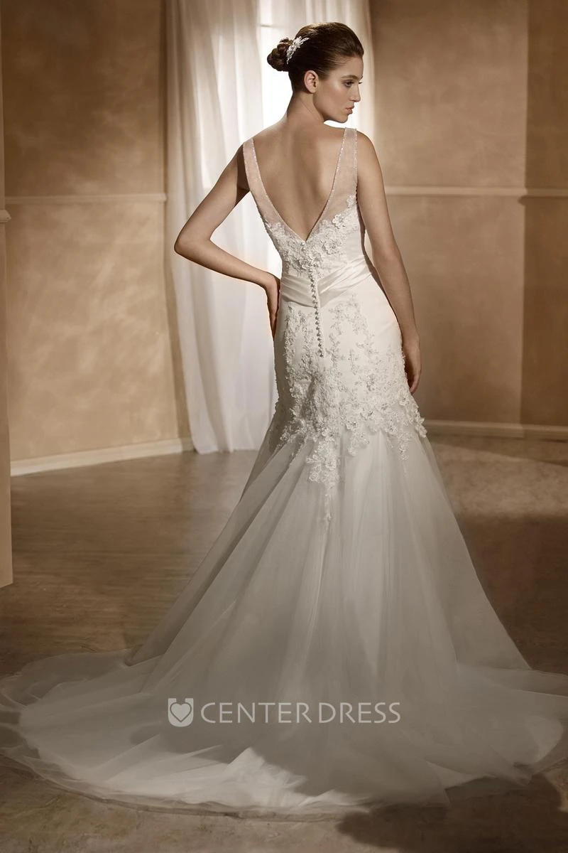 A-Line Long Bateau Sleeveless Appliqued Tulle&Satin Spring Wedding Dress With Pleats And Deep-V Back