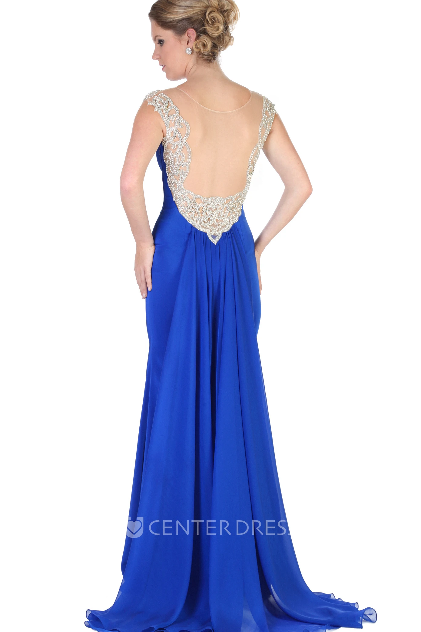 Sheath Cap-Sleeve Beaded Maxi Jersey Evening Dress With Pleats