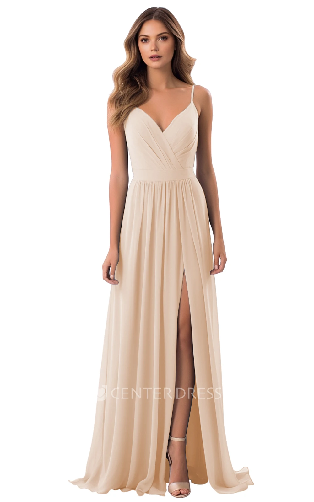 A-Line Chiffon Bridesmaid Dress with V-neck and Split Front Elegant and Simple