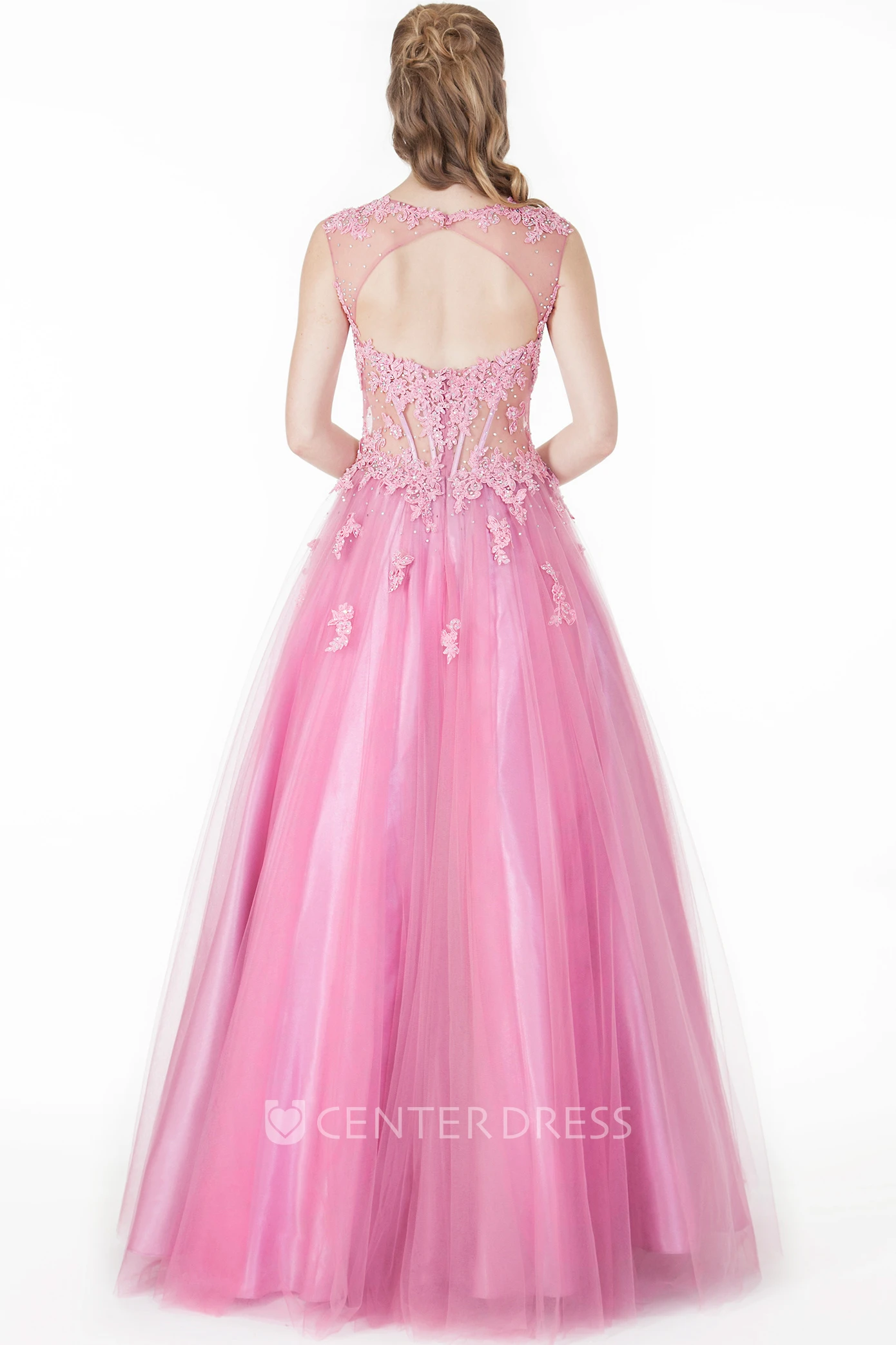 A-Line Jewel-Neck Appliqued Floor-Length Cap-Sleeve Tulle&Satin Prom Dress