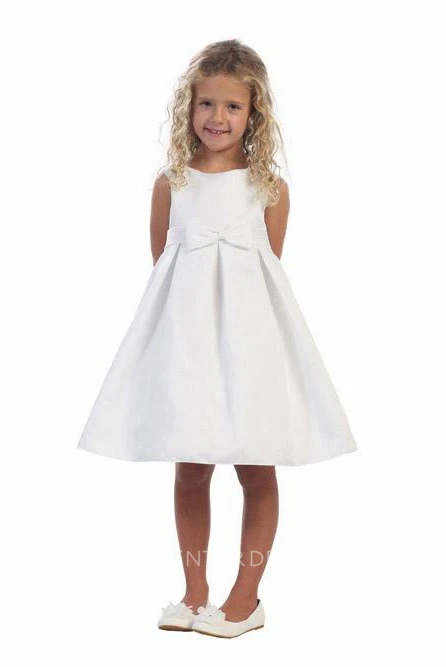 Knee-Length Split Pleated Tiered Satin Flower Girl Dress With Split Front