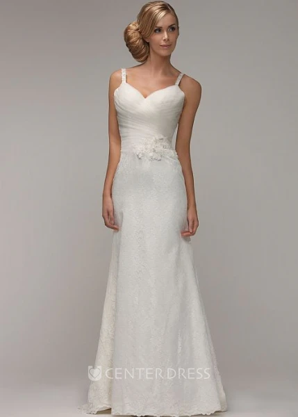 Sheath Sleeveless Spaghetti Long Criss-Cross Lace Wedding Dress With Flower And Appliques