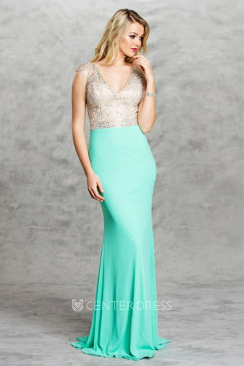 Sheath V-Neck Cap-Sleeve Jersey Keyhole Dress With Beading