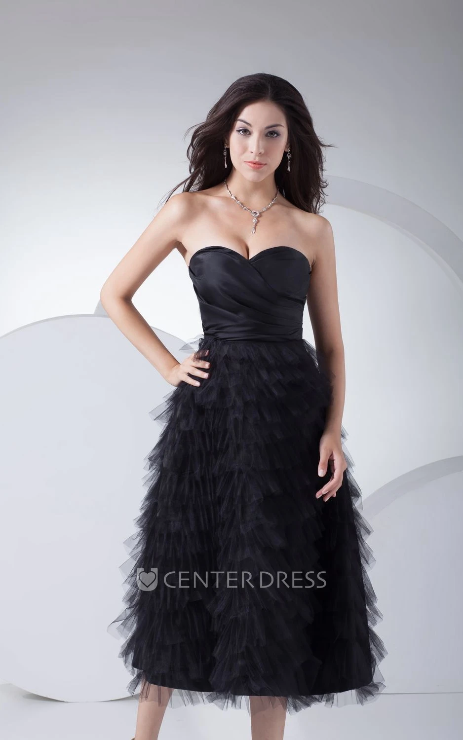 Sweetheart A-Line Tea-Length Tulle Formal Dress With Tiers and Ruching