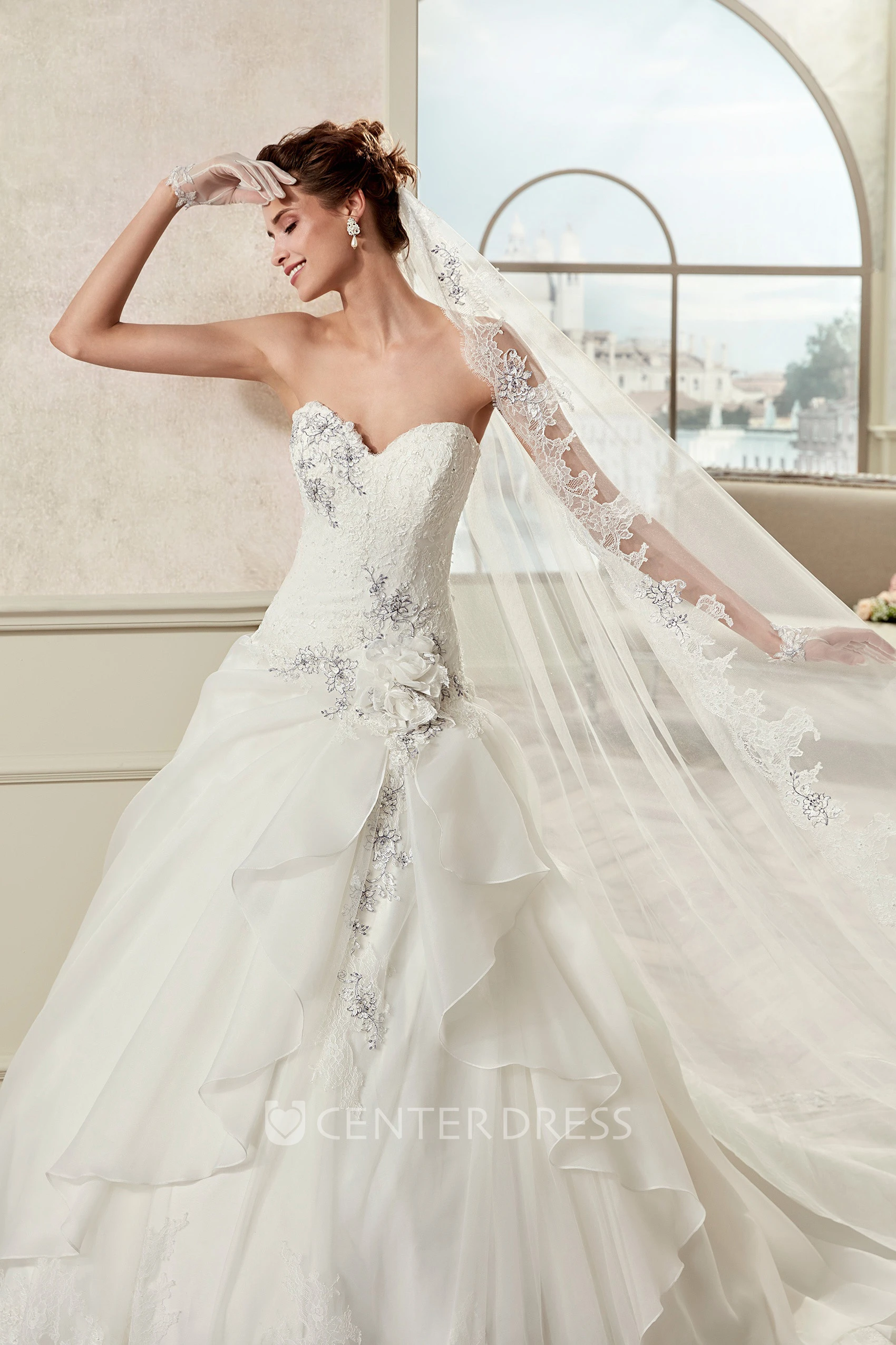 Sweetheart A-Line Bridal Gown With Asymmetrical Ruffles And Fine Appliques