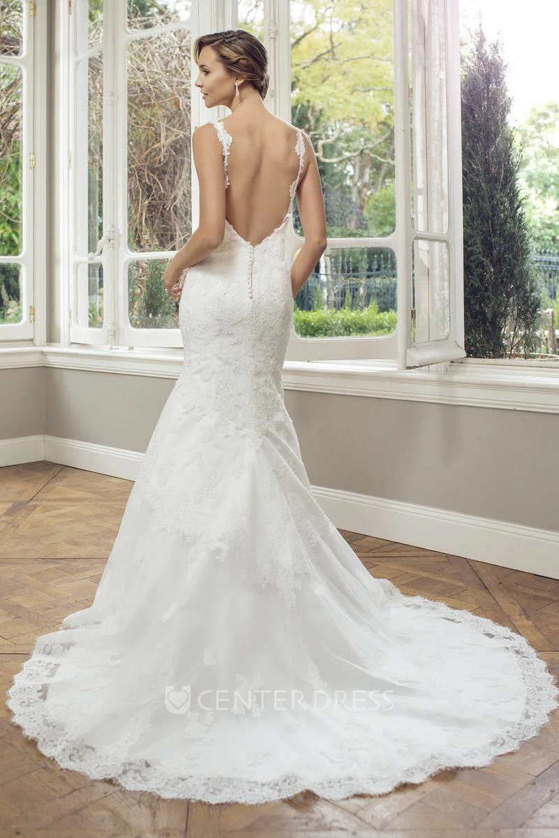 Sheath Maxi Appliqued Sleeveless V-Neck Lace Wedding Dress With Court Train And Backless Style