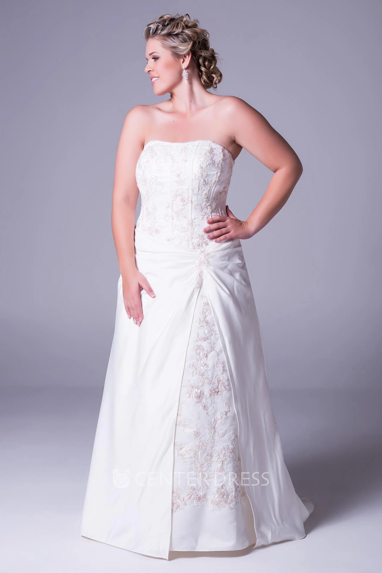 Strapless Floor-Length Taffeta Plus Size Wedding Dress With Embroidery And Corset Back