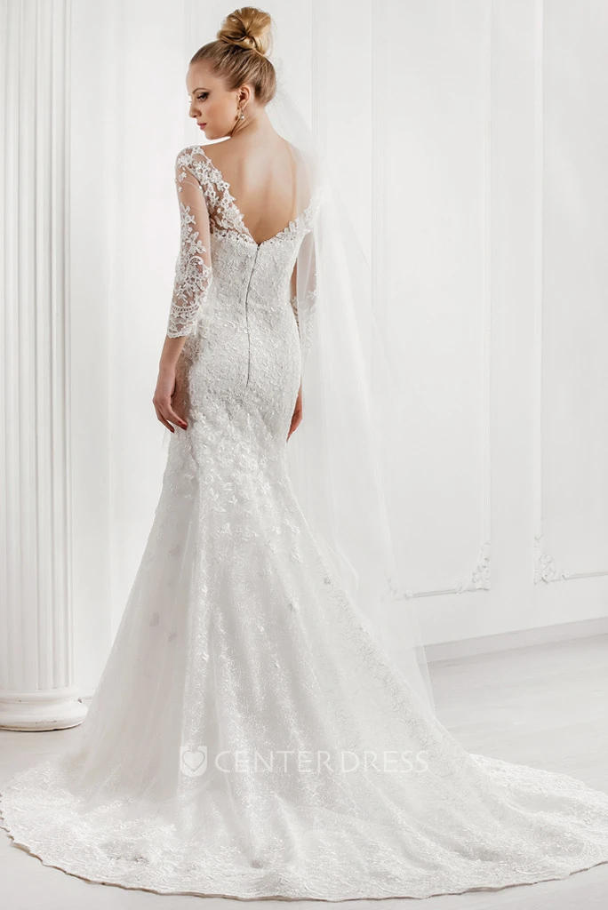 Mermaid Appliqued V-Neck 3-4 Sleeve Lace Wedding Dress With Court Train