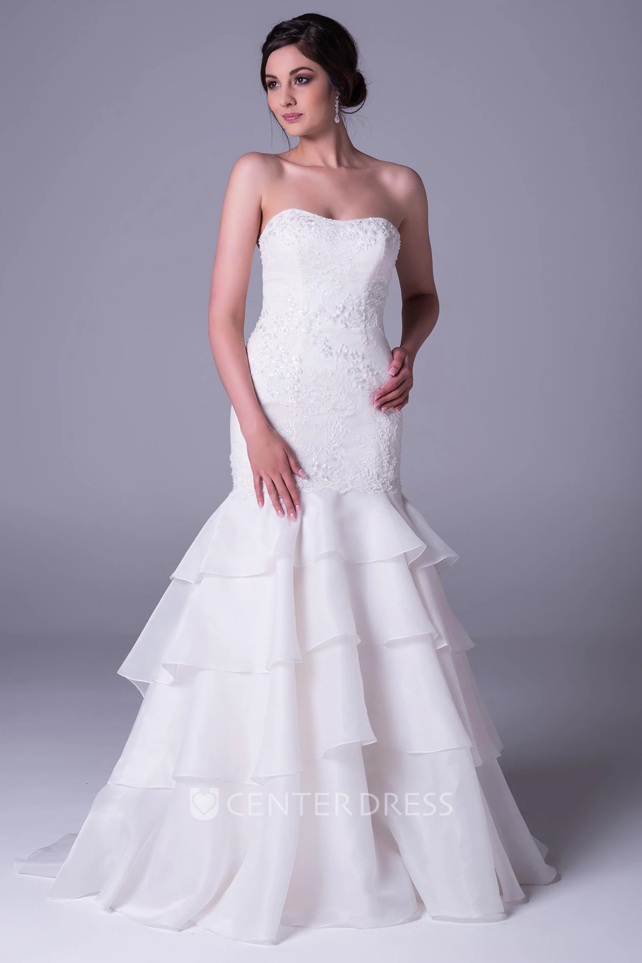 Trumpet Strapless Appliqued Floor-Length Organza Wedding Dress With Tiers And V Back