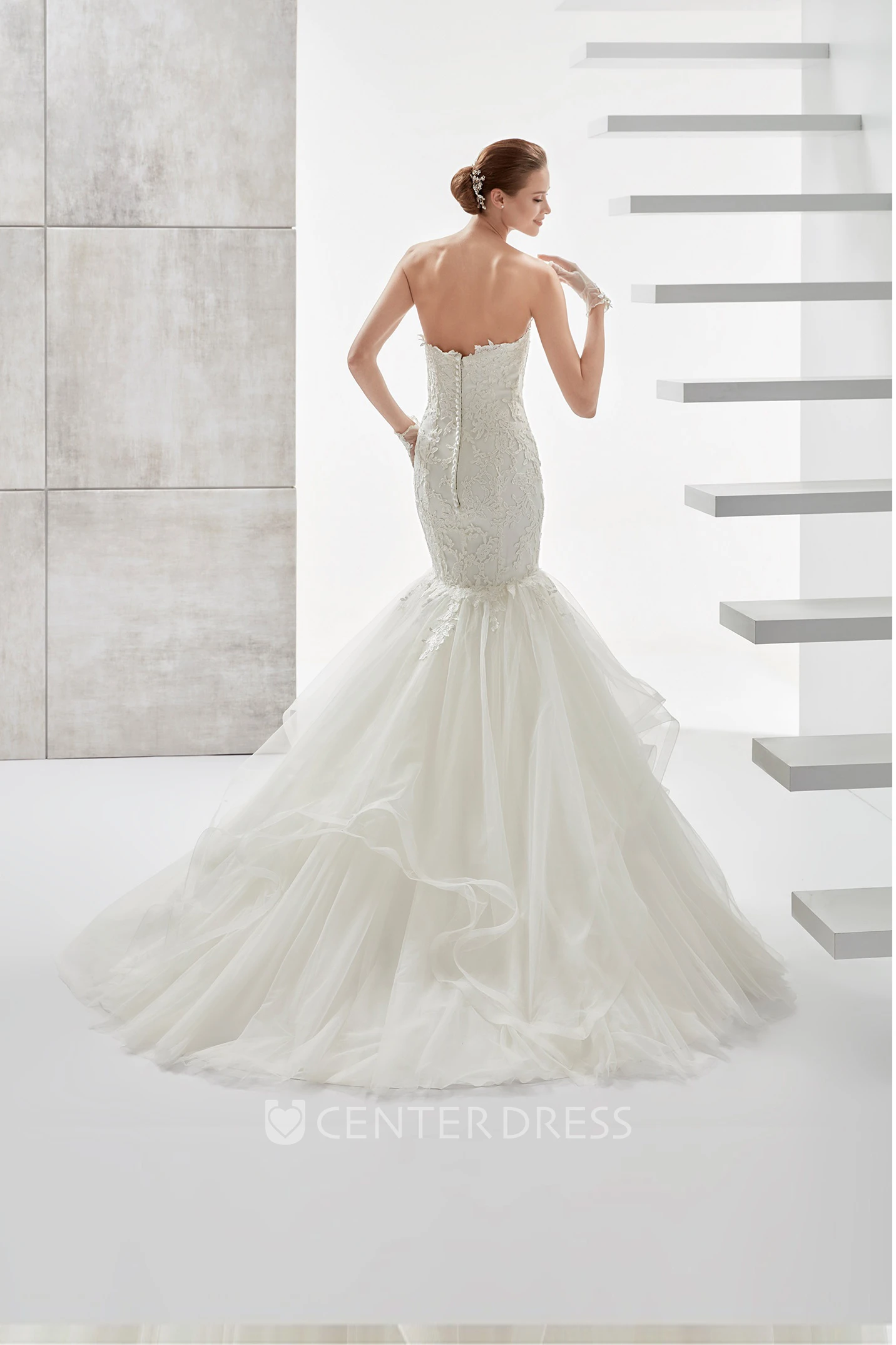 Strapless Mermaid Lace Wedding Dress with Ruffled Train and Appliques