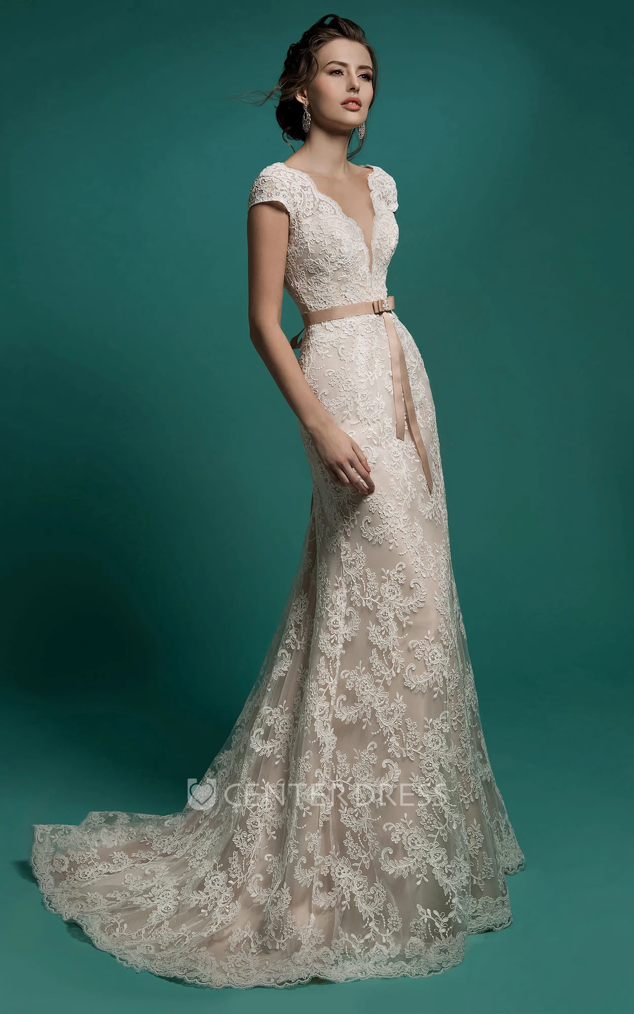 Mermaid Floor-Length V-Neck Cap-Sleeve Zipper Lace Dress With Sash And Detachable Train