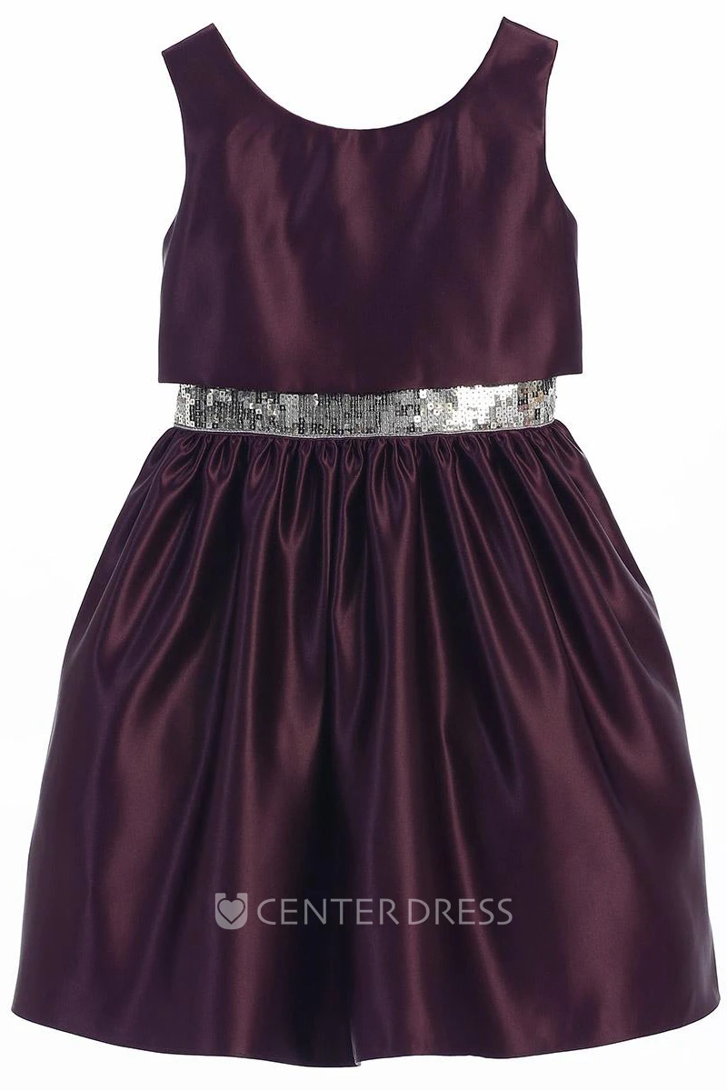 Tea-Length Sleeveless Sequins&Satin Flower Girl Dress