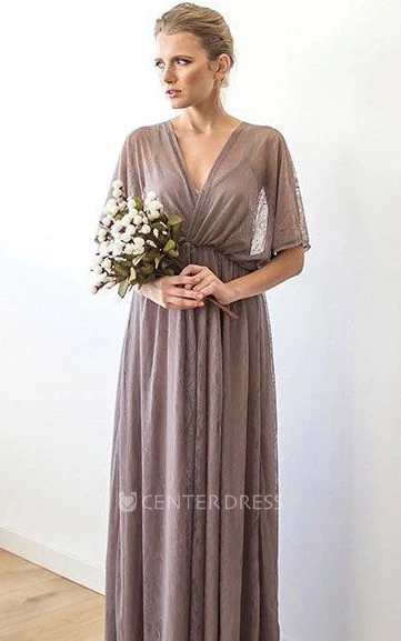 V-neck Lace Short Sleeve Dress With Lining