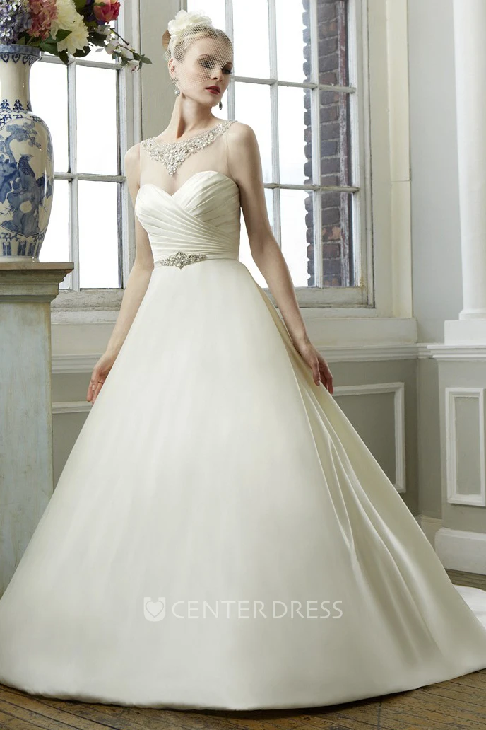 Ball Gown Sleeveless Scoop-Neck Criss-Cross Satin&Tulle Winter Wedding Dress With Beading And Waist Jewellery
