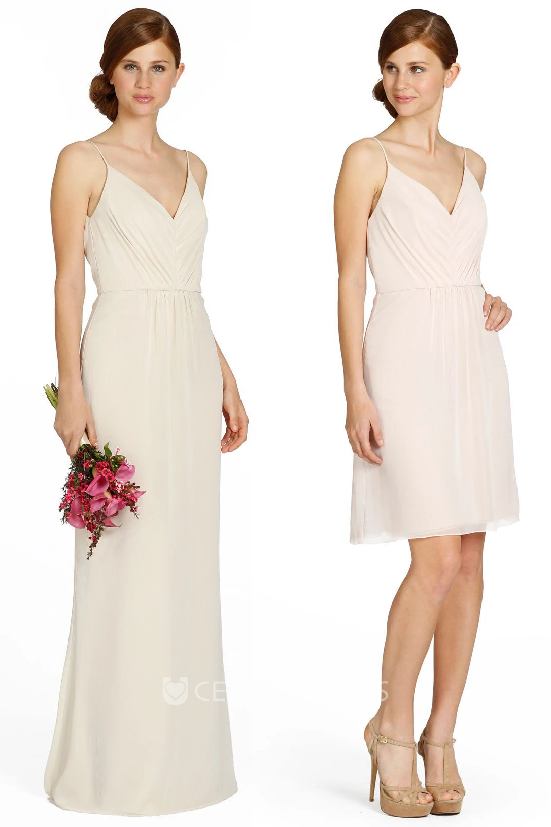 Spaghetti Long Sleeveless Ruched Chiffon Bridesmaid Dress