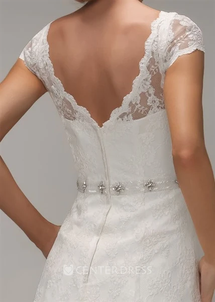 A-Line V-Neck Long Cap-Sleeve Jeweled Lace Warm Wedding Dress With Appliques And V Back