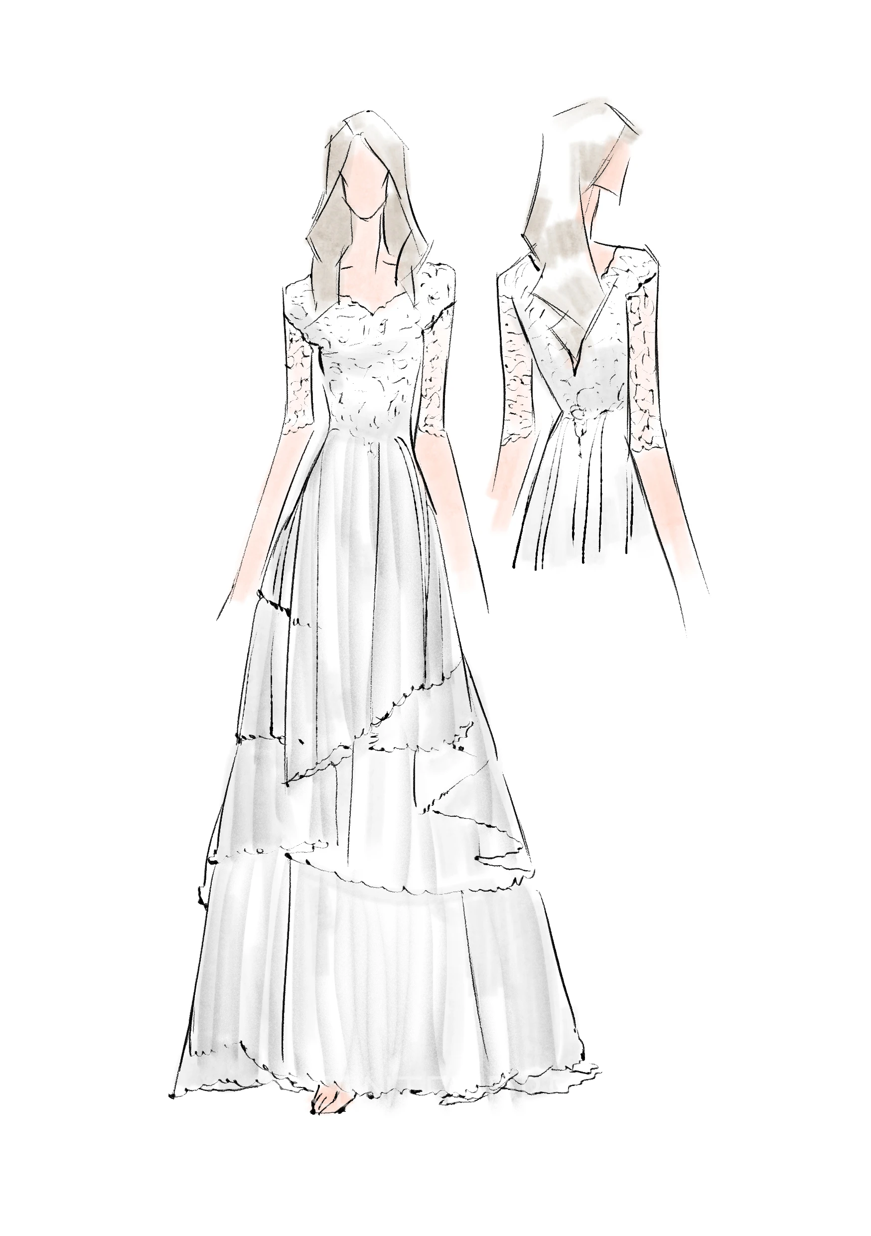 Bohemian A Line Half Sleeve V-neck Lace Country Winter Wedding Dress