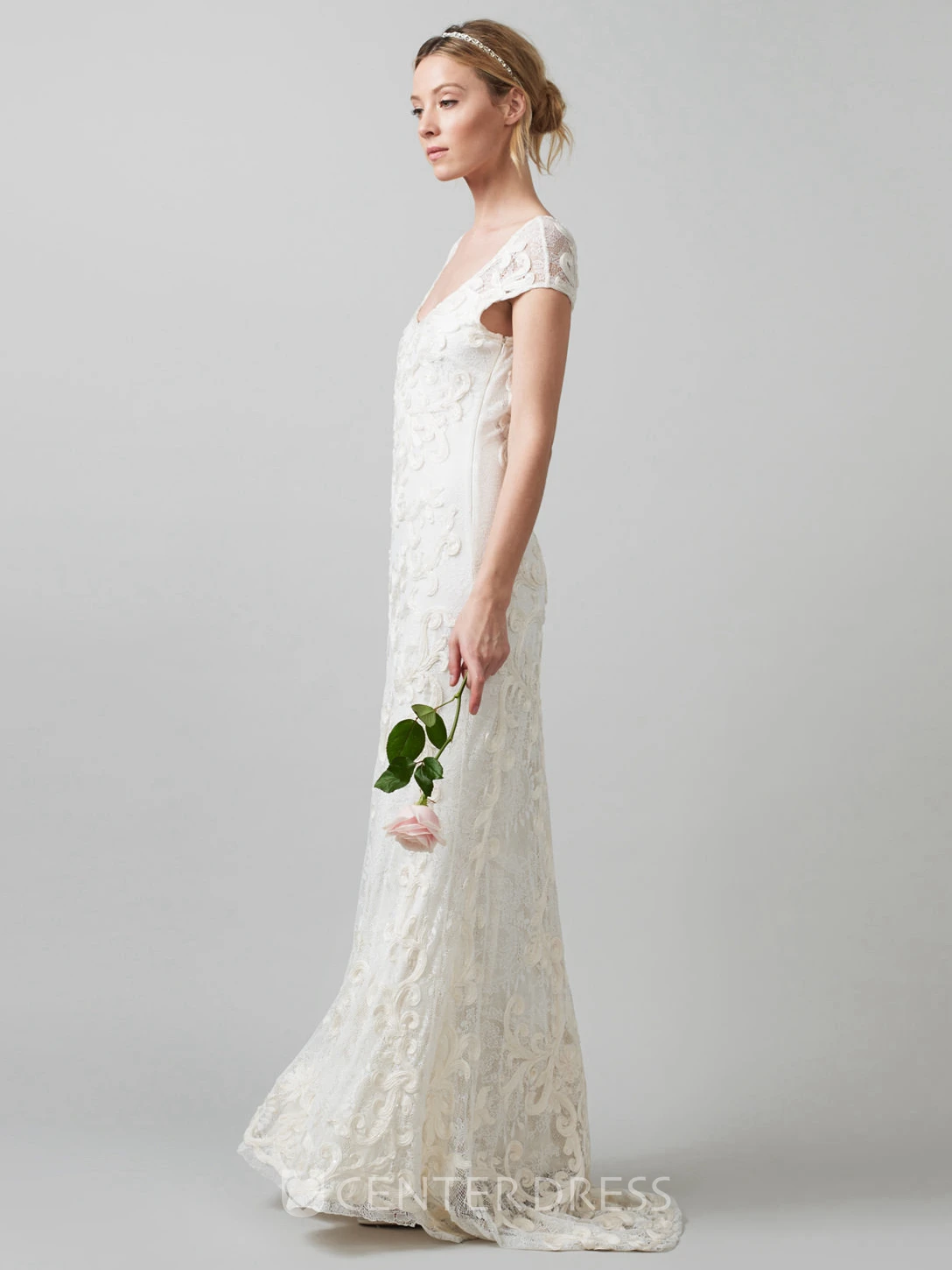 Sheath V-Neck Cap-Sleeve Lace Spring Wedding Dress With Embroidery