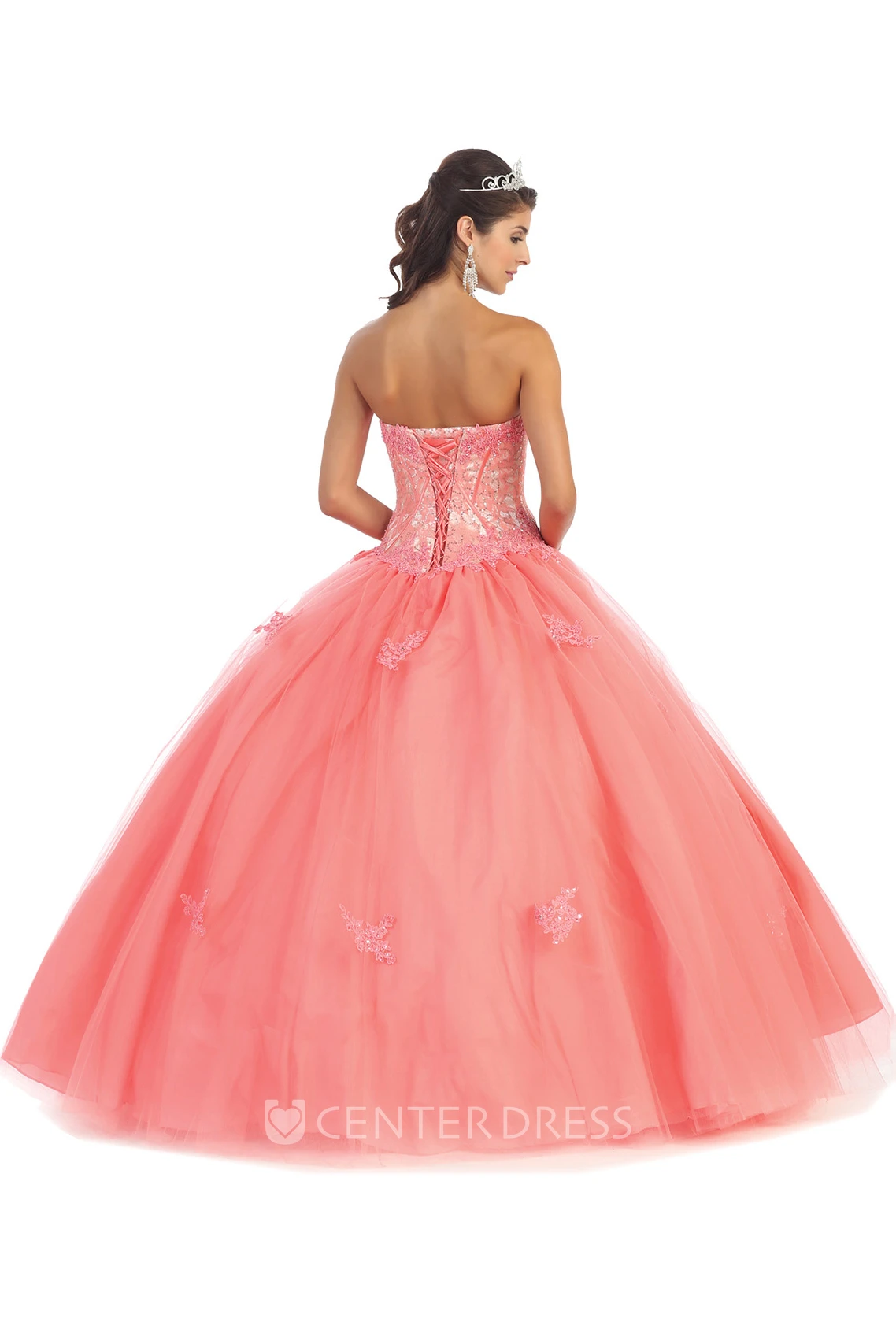 Ball Gown Sweetheart Sleeveless Tulle Satin Corset Back Dress With Appliques