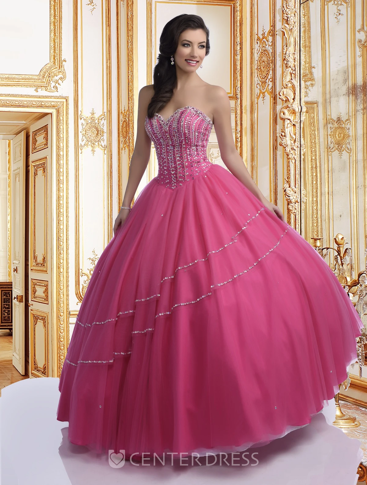 Tulle Sweetheart Ball Gown With Asymmetrical Beaded Lines
