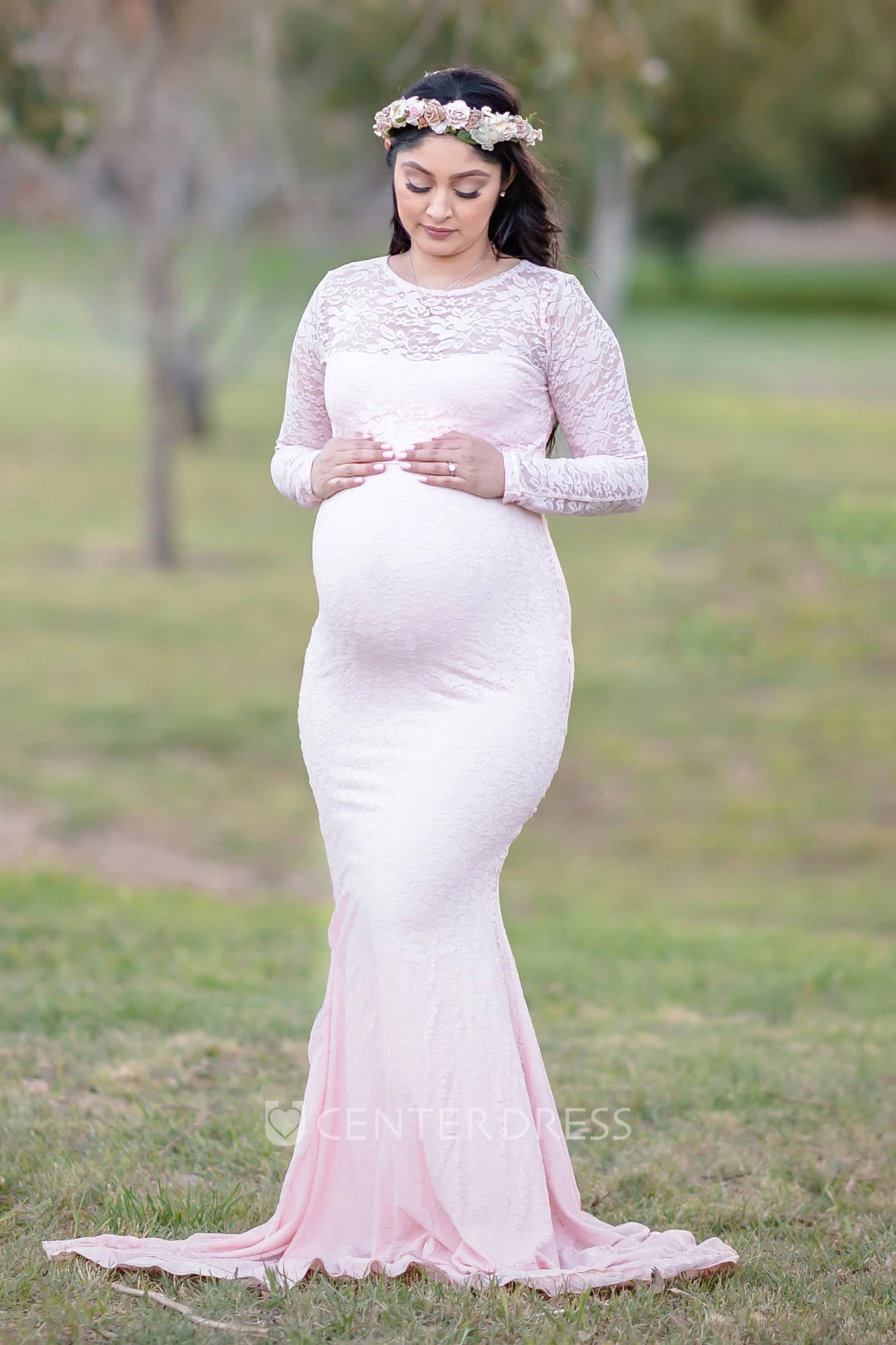 Sheath Sweep Brush Train Long Sleeve Empire Maternity Dress