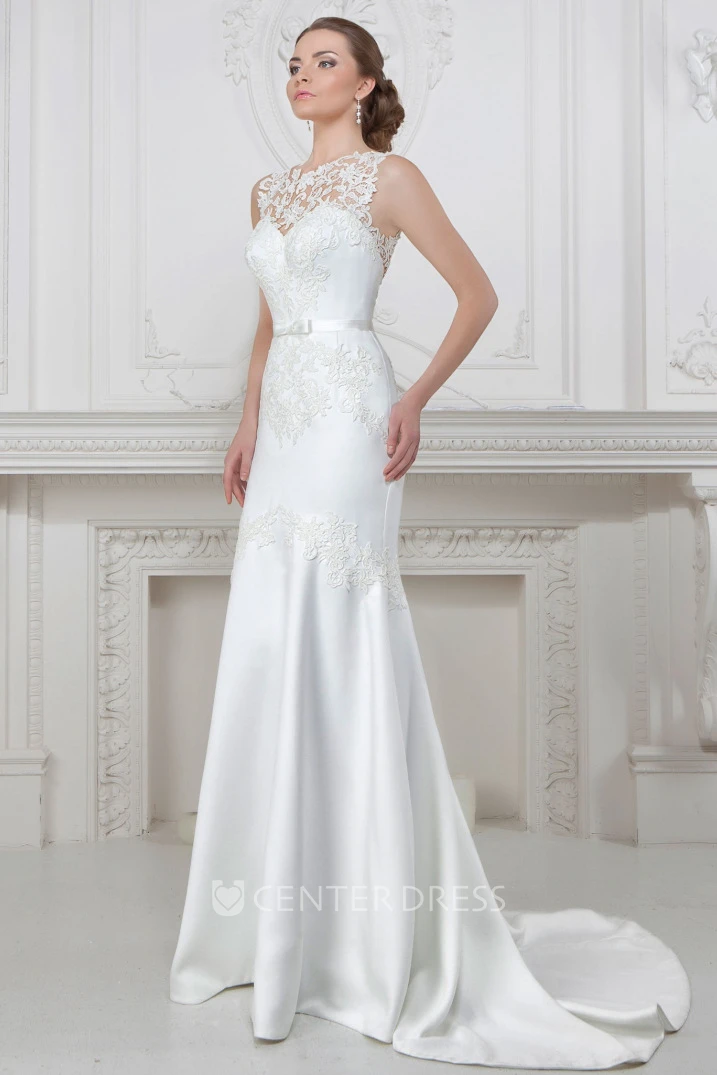 Sheath Appliqued Sleeveless Maxi Jewel-Neck Satin Wedding Dress With Bow