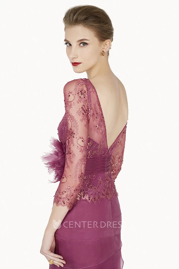 Sheath 3-4-Sleeve Floor-Length Floral Scoop-Neck Chiffon Prom Dress With Embroidery